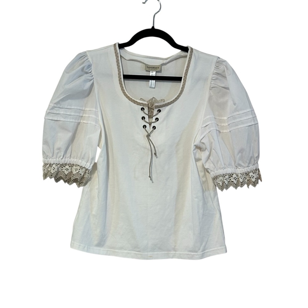 Landhaus C & A Lace Up Puff Sleeve Blouse German UK 16 US 12 Lace